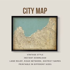 Wydrukowana mapa Valparaiso w Chile w stylu vintage - natychmiastowe pobranie \ Mapa ulic \ Plakat z mapą \ Styl antyczny \ Wydruk mapy \ Prezent Chile