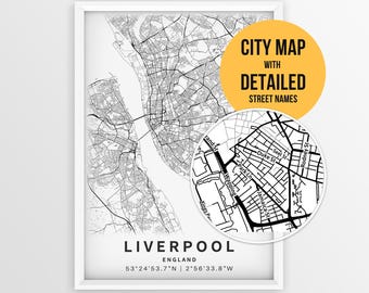 Liverpool England Map with Street Names, Printable Liverpool UK City Poster (Instant Download)