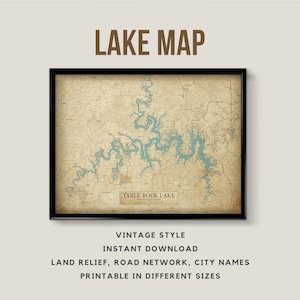 Vintage Stil Karte Rock Rock Lake, Missouri, Arkansas, USA mit Städtenamen - zum sofort Herunterladen oder Herunterladen