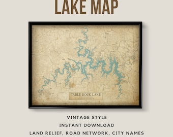 Printable Vintage Style Map Table Rock Lake, Missouri, Arkansas, USA  with City Names - Instant Download \ Lake Map \ Wall Art \ Rustic Map