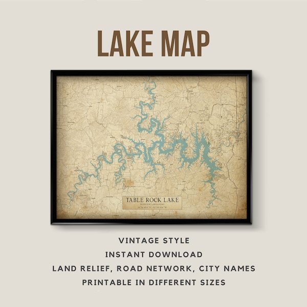 Printable Vintage Style Map Table Rock Lake, Missouri, Arkansas, USA  with City Names - Instant Download \ Lake Map \ Wall Art \ Rustic Map