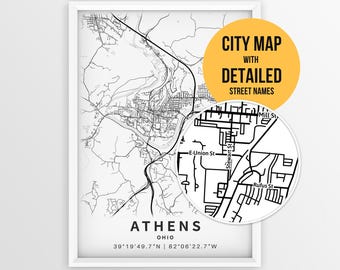 Mappa di Athens, Ohio, con i nomi delle strade, poster stampabile della città di Athens (download immediato)