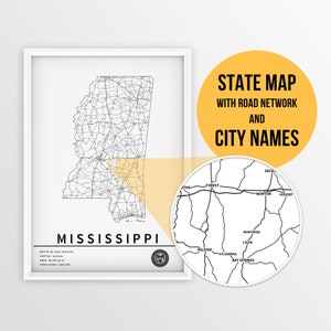 Carte imprimable du Mississippi, aux États-Unis, avec les noms des villes et des routes - Téléchargement instantané \ State Map \ Map Art \ Push Pin Map