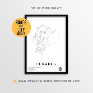 Ecuador Map Poster, Printable Road Map with City names (Instant Download)