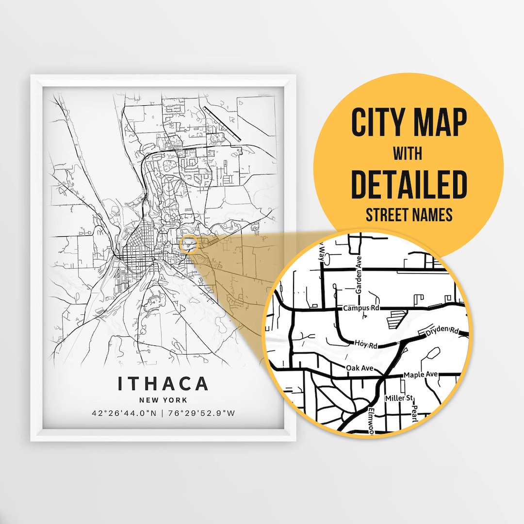 Printable Map of Ithaca, New York, USA With Street Names Instant Download City Map Travel Gift