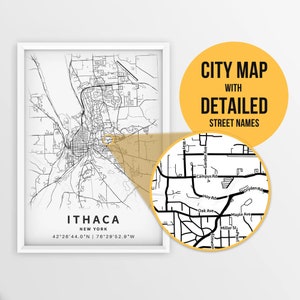 Druckbare Karte von Ithaca, New York, USA mit Straßennamen - Sofortiger Download \ Stadtplan \ Reisegeschenk \ Stadtposter \ Straßenkartendruck
