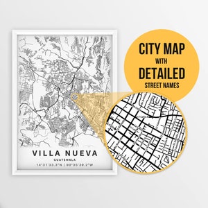 Mapa para impressão de Villa Nueva, Guatemala com nomes de ruas - Download instantâneo \ Mapa da cidade \ Presente de viagem \ Cartaz da cidade \ Impressão de mapa de estradas