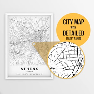 Mapa para impressão de Atenas, Geórgia, EUA com nomes de ruas - Download instantâneo \ Mapa da cidade \ Presente de viagem \ Cartaz da cidade \ Impressão de mapa de estradas