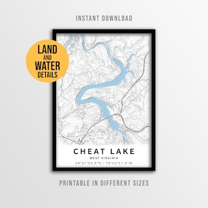 Cheat Lake, West Virginia Map Art Print, Lake House Decor (Digital Download)