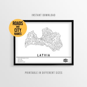 Kaartposter Letland, afdrukbare punaise kaart Letland met plaatsnamen (direct downloaden)