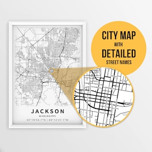 Druckbare Karte Jackson, Mississippi USA mit Straßennamen - Sofort Download \ City Map \ Travel Gift \ City Poster \ Road Map \ Hinds County