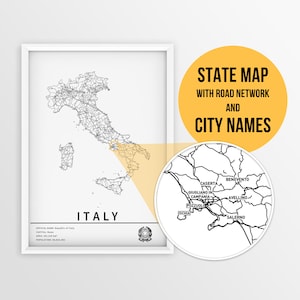 Carte imprimable de l'Italie avec les noms des villes et des routes - Téléchargement immédiat \ Carte du pays \ Art de la carte \ Carte à épingles \ Travel Plnner \ Italie Cadeau
