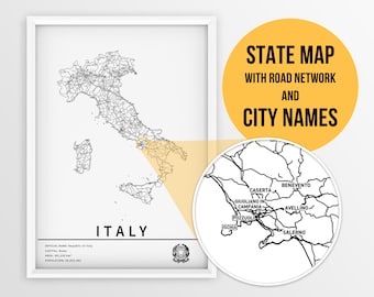 Printable Map of Italy with city names and roads - Instant Download \ Country Map \ Map Art \ Push Pin Map \ Travel Plnner \ Italy Gift