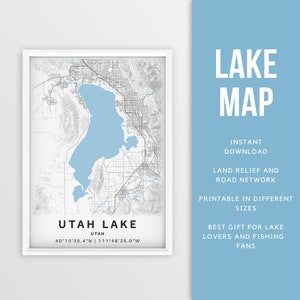 Mapa imprimible del lago Utah, Utah, Estados Unidos - Descarga instantánea \ Mapa del lago \ Cartel del mapa \ Decoración de la casa del lago \ LakeLife \ Pesca \ Paseos en bote