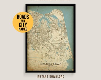 Virginia Beach, Virginia Vintage Style Map, Printable City Street Poster (Instant Download)