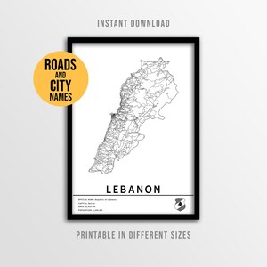 Mapa do Líbano em pôster, mapa rodoviário do Oriente Médio para imprimir com nomes de cidades (download instantâneo)