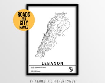 Lebanon Map Poster, Printable Middle East Road Map with City Names (Instant Download)