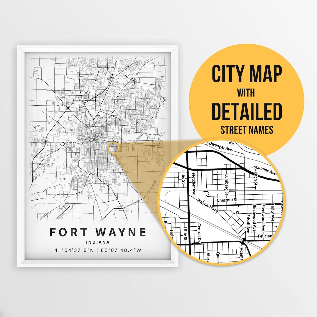 Printable Map of Fort Wayne, Indiana, USA With Street Names - Instant ...