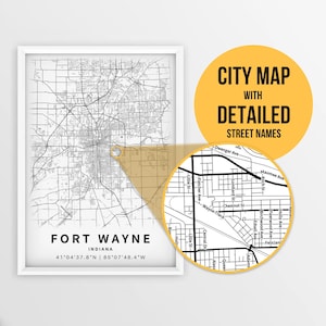 Druckbare Karte von Fort Wayne, Indiana, USA mit Straßennamen - Sofortiger Download ~ Karte ~ ~ Karte ~ Stadt Poster ~ Strassenkarte