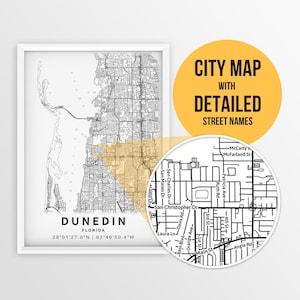 Afdrukbare kaart van Dunedin, Florida, VS met straatnamen - Instant Download \ Stadsplan \ Reiscadeau \ Stadsposter \ Wegenkaart afdrukken