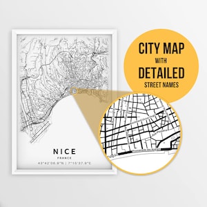 Druckbare Karte von Nizza, Frankreich mit Straßennamen - Sofort Download \ City Map \ Travel Gift \ City Poster \ Road Map Print \ Street Map