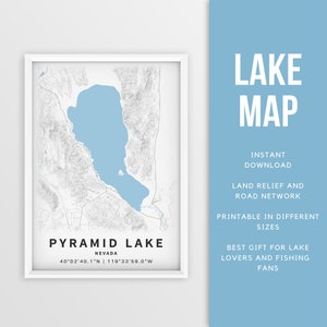 Mapa para impressão de Pyramid Lake, Nevada, EUA - Download instantâneo \ Mapa do lago \ Cartaz do mapa \ Decoração da casa do lago \ LakeLife \ Pesca \ Passeios de barco