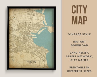 Printable Vintage Style Map of Dublin, Ireland - Instant Download \ Street Map \ Map Poster \ Antique Style \ Map Print \ Ireland Gift