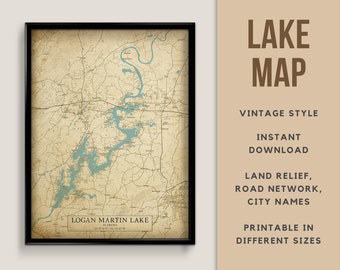 Vintage Style Map of Logan Martin Lake, Alabama USA with City names - Instant Download \ Lake Map \ Wall Art \ Printable Poster \ Lake House