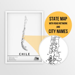 Druckbare Karte von Chile mit Städtenamen und Straßen - Sofortiger Download \ Länderkarte \ Kartenkunst \ Push-Pin-Karte \ Reiseplaner \ Senegal-Karte