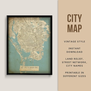 Afdrukbare kaart in vintage stijl van St. Petersburg, Florida, Verenigde Staten - Instant Download \ Stratenplan \ Kaartposter \ Kaart afdrukken \ Rustieke kaart