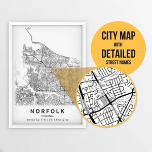 Printable Map of Norfolk, Virginia, USA with Street Names - Instant Download \ City Map \ Travel Gift \ City Poster \ Road Map Print