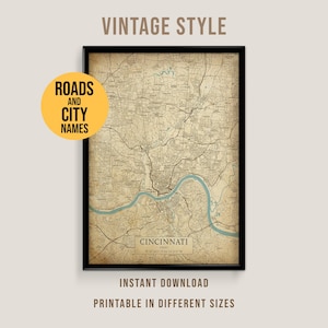 Mapa vintage de Cincinnati, Ohio. Póster imprimible de la ciudad (descarga instantánea).