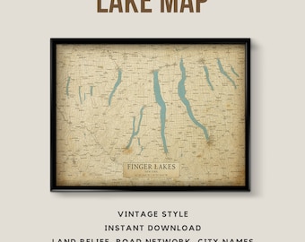 Vintage Style Map of Finger Lakes, New York, USA with City Names - Instant Download \ Lake Map \ Wall Art \ Rustic Map \ Map Poster