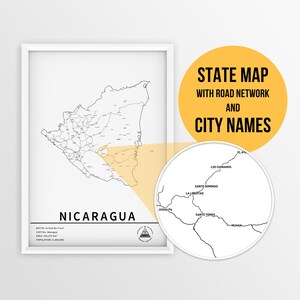 Mapa da Nicarágua para impressão com nomes de cidades e estradas - Download instantâneo \ Mapa do país \ Cartaz do mapa \ Mapa de alfinetes \ Planejador de viagens
