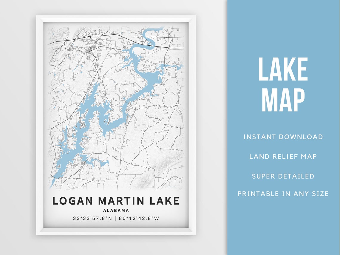 Printable Map of Logan Martin Lake Alabama United States Etsy