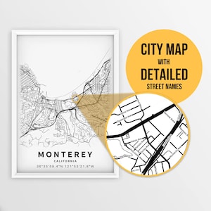 Druckbare Karte von Monterey, Kalifornien, USA mit Straßennamen - sofortiger Download ~ Karte ~ ~ Stadt Karte ~ Strassen Karte Print