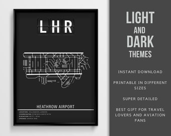 Póster del aeropuerto de Londres Heathrow (LHR) - Descarga instantánea \ Mapa del aeropuerto \ Idea de regalo \ Arte mural \ Póster de viaje a Inglaterra \ Imprimible