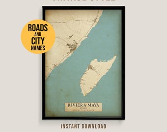 Riviera Maya, Mexico Vintage Style Map, Printable playa del carmen City Poster (Instant Download)