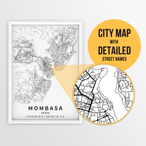 Mombasa, Kenia Karte mit Strassennamen - Sofort Download ~ Karte ~ Karte ~ Strassenkarte ~ Poster ~ Strassenkarte
