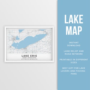 Mapa imprimible del lago Erie, Canadá, EE. UU. - Descarga instantánea \ Mapa del lago \ Arte de la pared \ Cartel del mapa \ Decoración de la casa del lago \ LakeLife \ Pesca \ Navegación