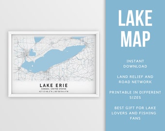 Printable Map of Lake Erie, Canada, US - Instant Download \ Lake Map \ Wall Art \ Map Poster \ Lakehouse Decor \ LakeLife \ Fishing \Boating