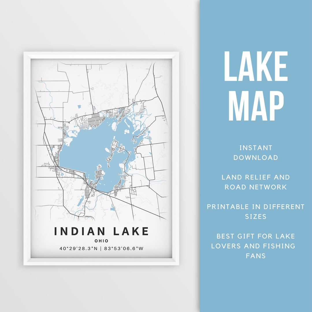 Printable Map of Indian Lake, Ohio, US Instant Download Lake Map Wall ...