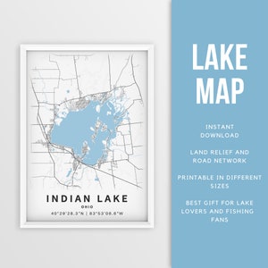 Mapa imprimible de Indian Lake, Ohio, EE. UU. - Descarga instantánea \ Mapa del lago \ Arte de la pared \ Cartel del mapa \ Decoración de la casa del lago \ Pesca \ Paseos en bote