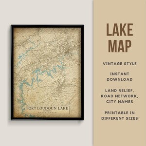 Vintage Stil Landkarte Fort Loudoun Lake, Tennessee mit Städtenamen - Sofort Download Antiquität Rustikale Karte