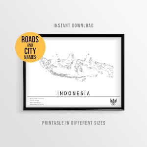 Póster de mapa de Indonesia, mapa de carreteras imprimible con nombres de ciudades (descarga instantánea)