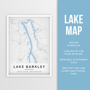 Mapa imprimible del lago Barkley, Kentucky, EE. UU. - Descarga instantánea \ Mapa del lago \ Cartel del mapa \ Decoración de la casa del lago \ LakeLife \ Pesca \ Paseos en bote