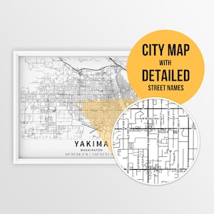Carte imprimable de Yakima, Washington, États-Unis avec les noms des rues - téléchargement immédiat \ plan de la ville \ cadeau de voyage \ affiche de la ville \ mont Rainier Yakima