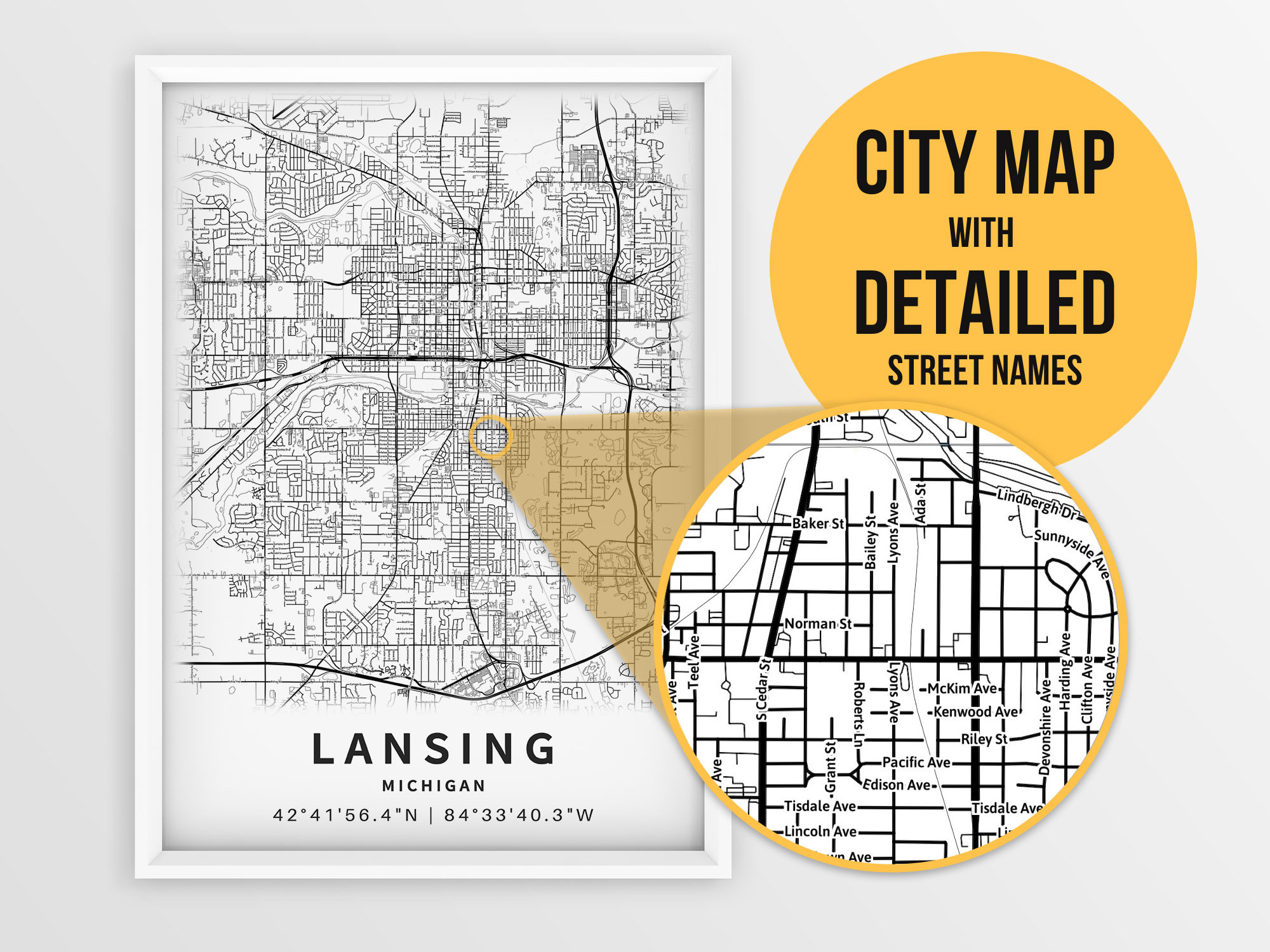 printable-map-of-lansing-mi-with-street-names-michigan-usa-etsy