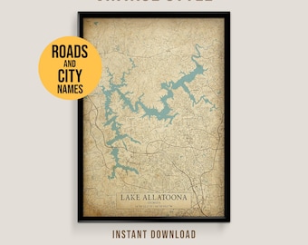 Lay Lake Vintage Style Map, Printable Alabama Lake House Poster (Instant Download)