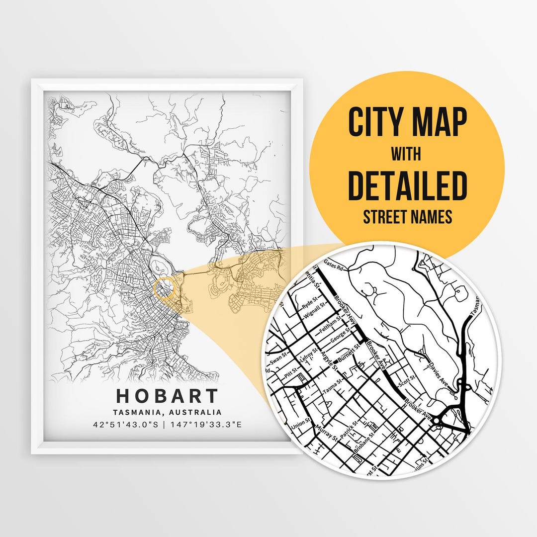 Hobart, Tasmania Printable Map With Street Names - Instant Download ...